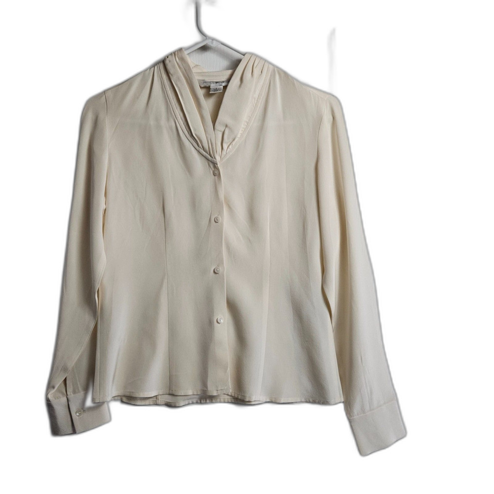 100% Silk Cream Button Up Blouse Sz 0 Tiny Button Office Top Petite Sophisticate